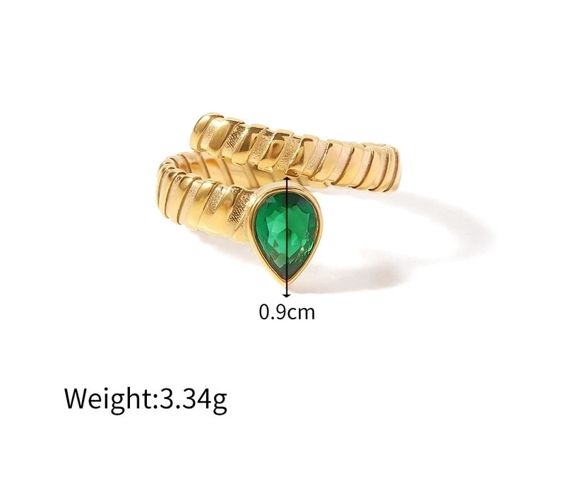 Green stone ring by itself with white background and measurements
